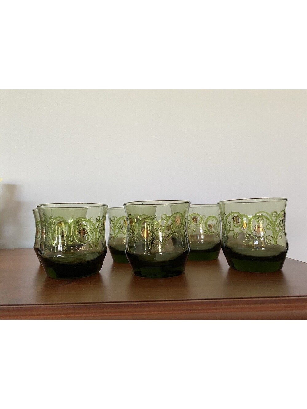 VTG 1970s Libbey Elcyda Floral Design Green Glass Gold Sunburst Pattern Set of 6